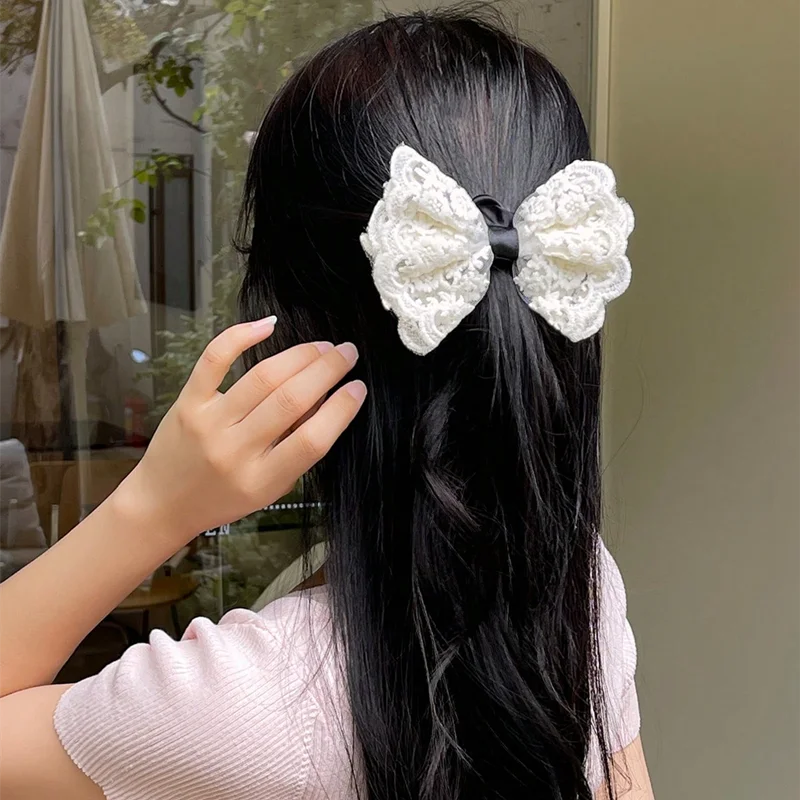 Elegant Lace Bow Hair Tie - Chic White Fabric Scrunchie with Butterfly & Bow Accents Elastic Ponytail Holder for Women and Girls
