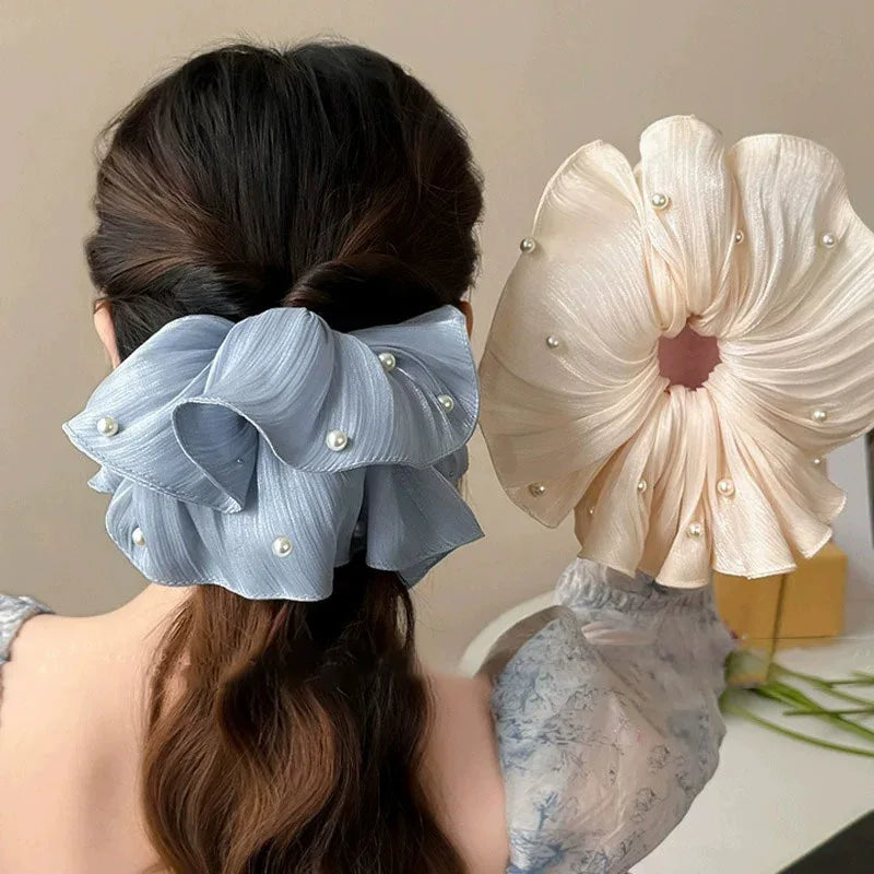 High-End Super Fairy Imitation Pearl Mesh Headband with Pleated Texture Floral Hair Rope Ponytail Accessory