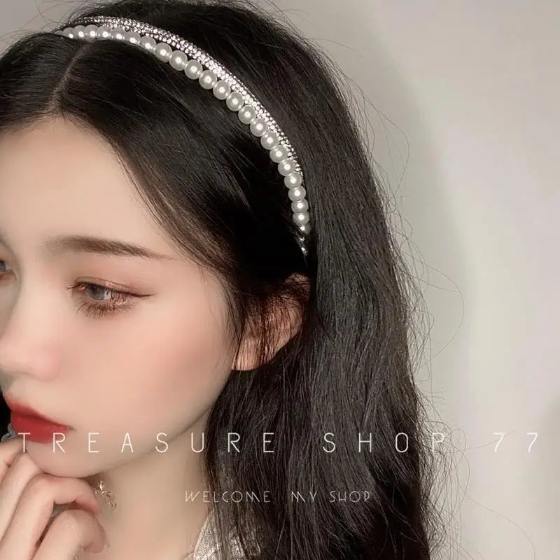 New French Vintage Chic Double Layer Hairband Pearl Rhinestone NonSlip